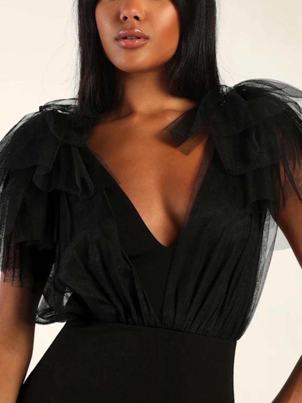 Lulu's Black Backless Tulle-Sleeve Evening Gown - Picture 3 of 4